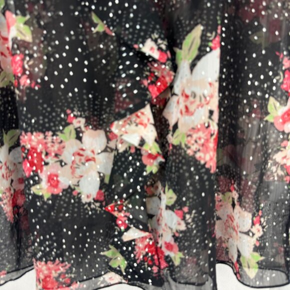 Candies Womens Large Flutter Sleeve Sheer Floral Blouse Black Pink Tie Back - Picture 2 of 7